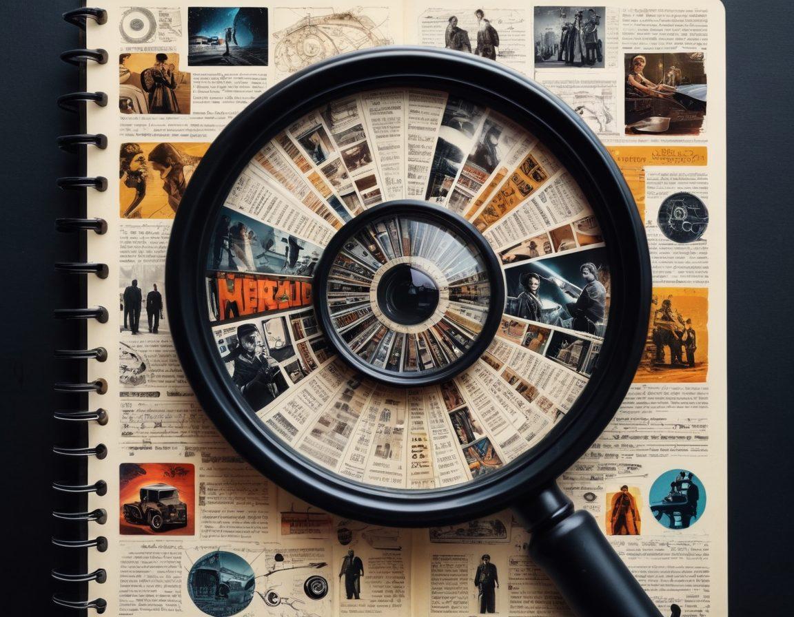 An intricate collage of iconic movie scenes blended with film reels and a magnifying glass, symbolizing in-depth analysis. Include diverse film genres like sci-fi, drama, and horror, with vibrant film posters in the background. Emphasize an engaging notebook and pen to represent critique writing. Artistic ink splashes to symbolize creativity and thoughts. super-realistic. vibrant colors. cinematic style.