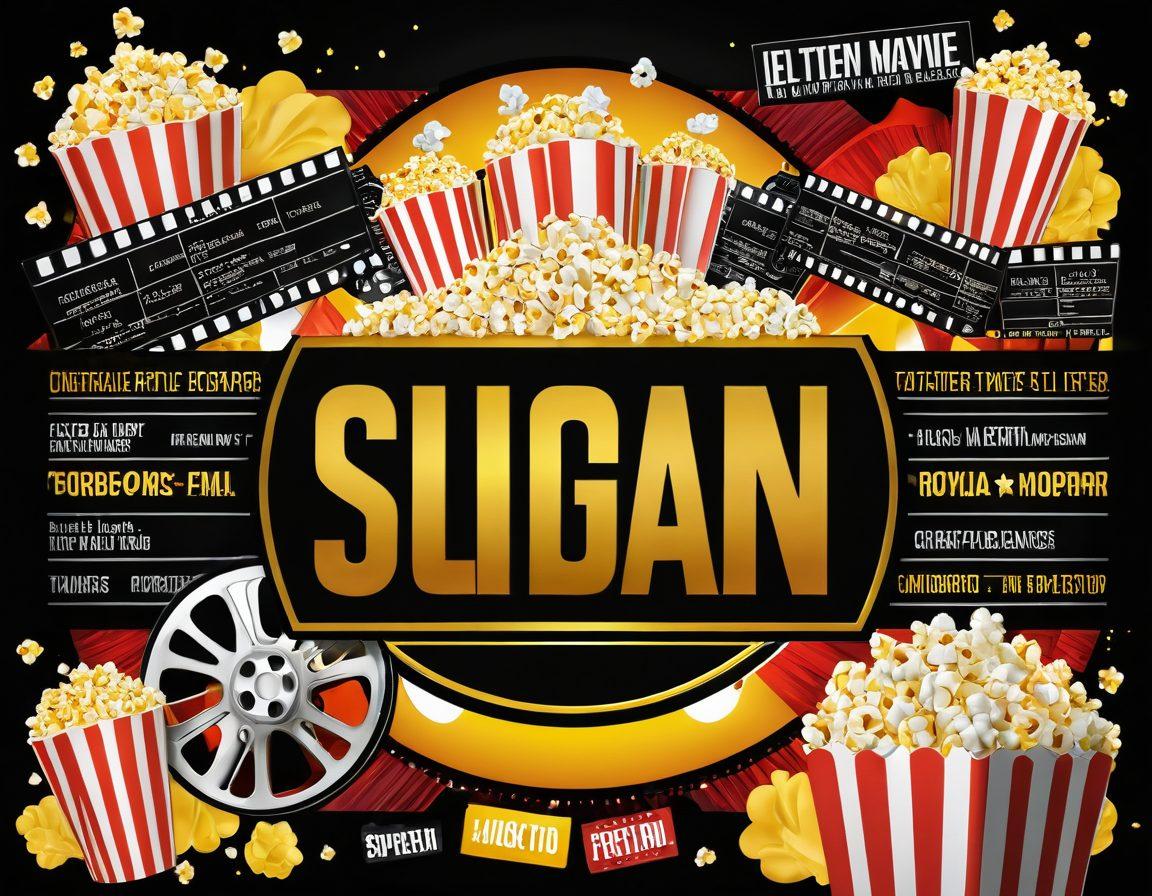 A dynamic collage showcasing film trailers, with vibrant snippets of exciting movie scenes coming to life, combined with film ratings displayed in bold golden letters. Include a film reel unwinding at the bottom, symbolizing previews and fresh releases, surrounded by glowing popcorn and a film clapboard. The background radiates with cinematic lights and colors to enhance the movie theme. super-realistic. vibrant colors. 3D.