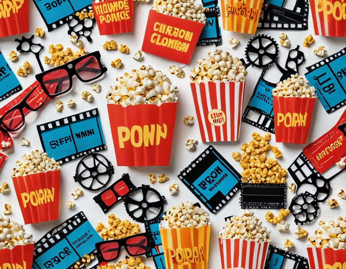 A collage of iconic movie scenes featuring vibrant action sequences, dramatic romance moments, and intense critiques, framing a classic film reel. Include elements like popcorn, 3D glasses, and film awards in the background, symbolizing blockbuster hits and new releases. Use vivid colors to evoke excitement and passion for cinema. super-realistic. vibrant colors. white background.
